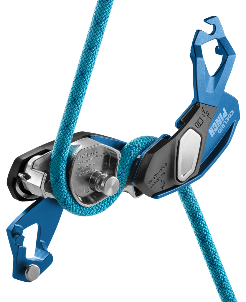 Edelrid Pinch – assicurazione con frenata assistita e attacco diretto all'imbracatura