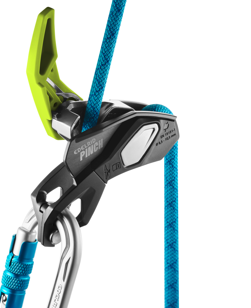 Edelrid Pinch – assicurazione con frenata assistita e attacco diretto all'imbracatura