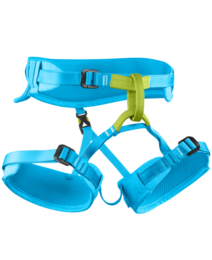 Blue climbing harness with green accents on a white background